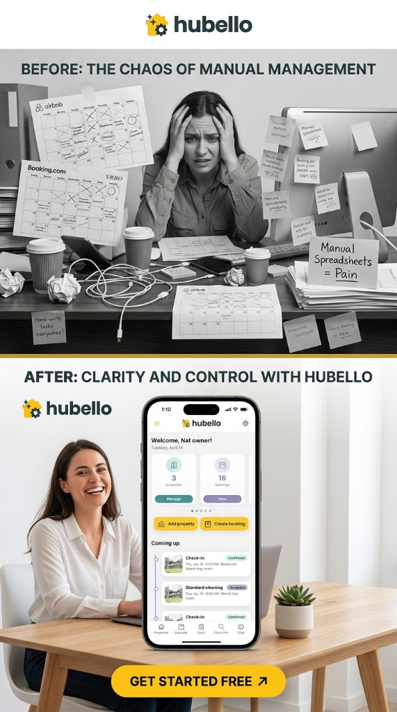 Before and after: manual calendar chaos with Airbnb, VRBO, and Booking printouts versus a calm workspace with the hubello app showing properties, bookings, smart tasks, and a get started call to action.