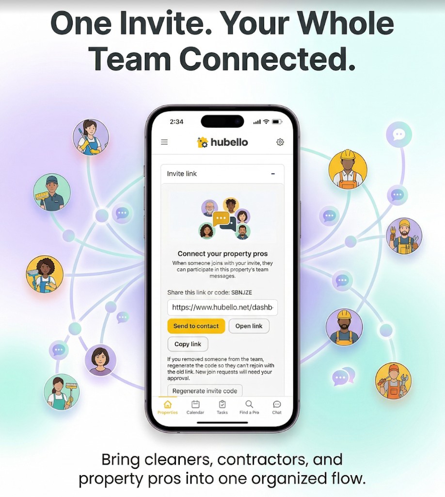 Hubello app showing an invite link to connect property pros, with illustrations of cleaners and contractors in a team network.